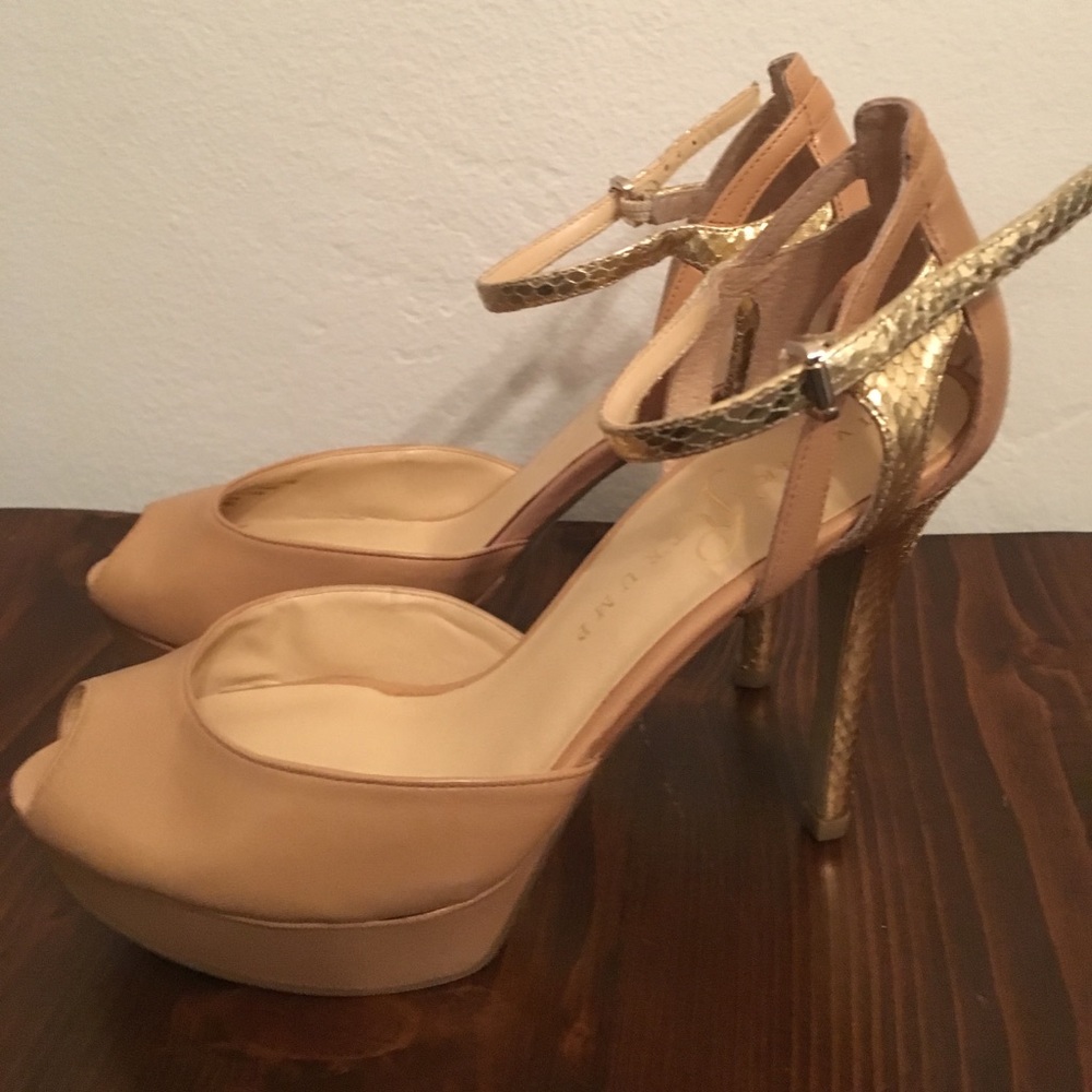 Nude and gold platform stilletos with ankle strap
